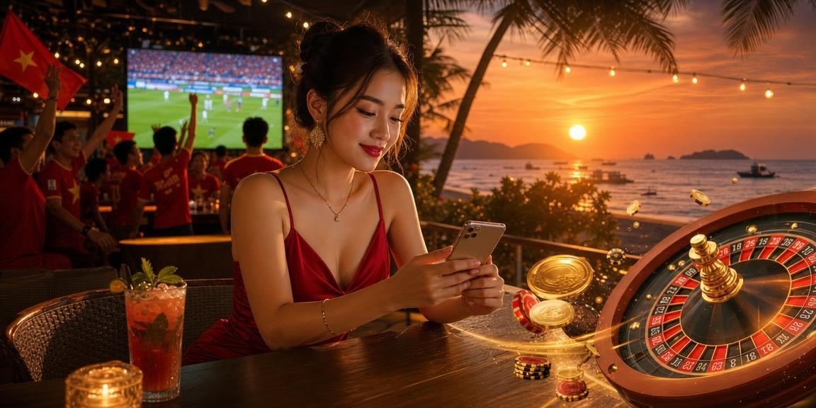 Khung cảnh biển Phú Quốc với người chơi truy cập nền tảng cá cược trực tuyến